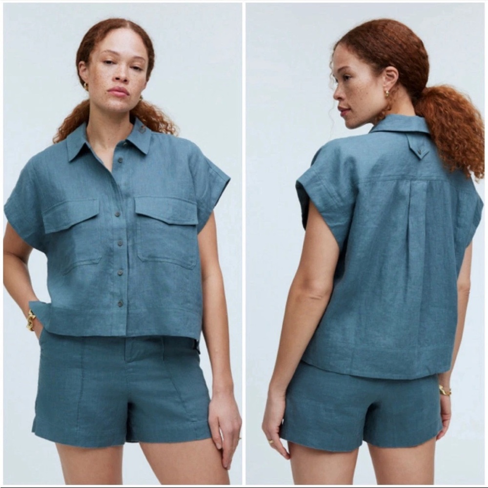 Madewell Womens Flap-Pocket Button Up Linen Shirt S Distant Mineral Quiet Luxury